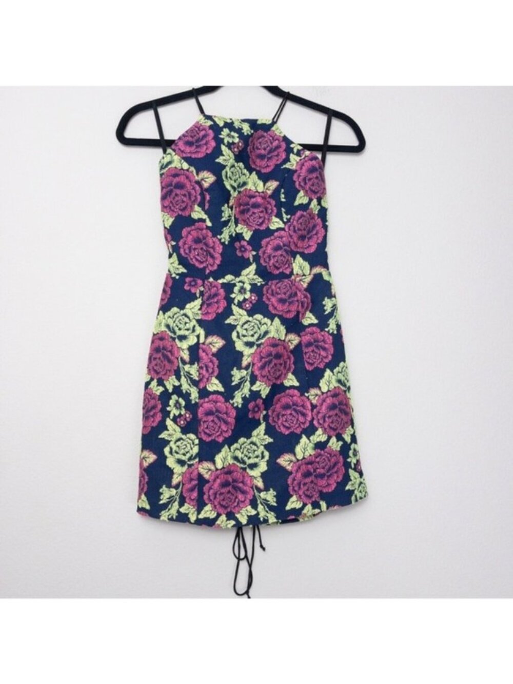 NWT NBD Embroidered Floral Mini Dress S Navy Blue Pink Green Lace Up Bodycon
